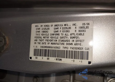 2006 Honda Accord 2.4 Ex from USA, damaged, VIN 1HGCM56866A140943